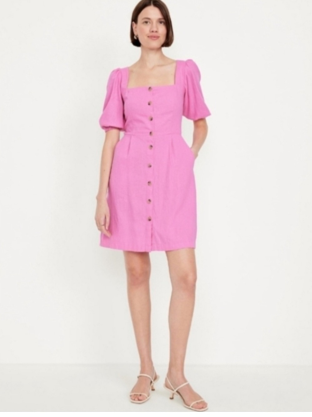 Old Navy Linen Blend Puff Sleeve Mini Dress Pink Button Front XS Petite